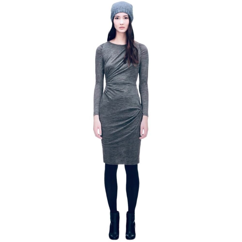 Whistles Selma Jersey Wool Blend Ruched Charcoal Long Sleeve Midi Dress Size 8
